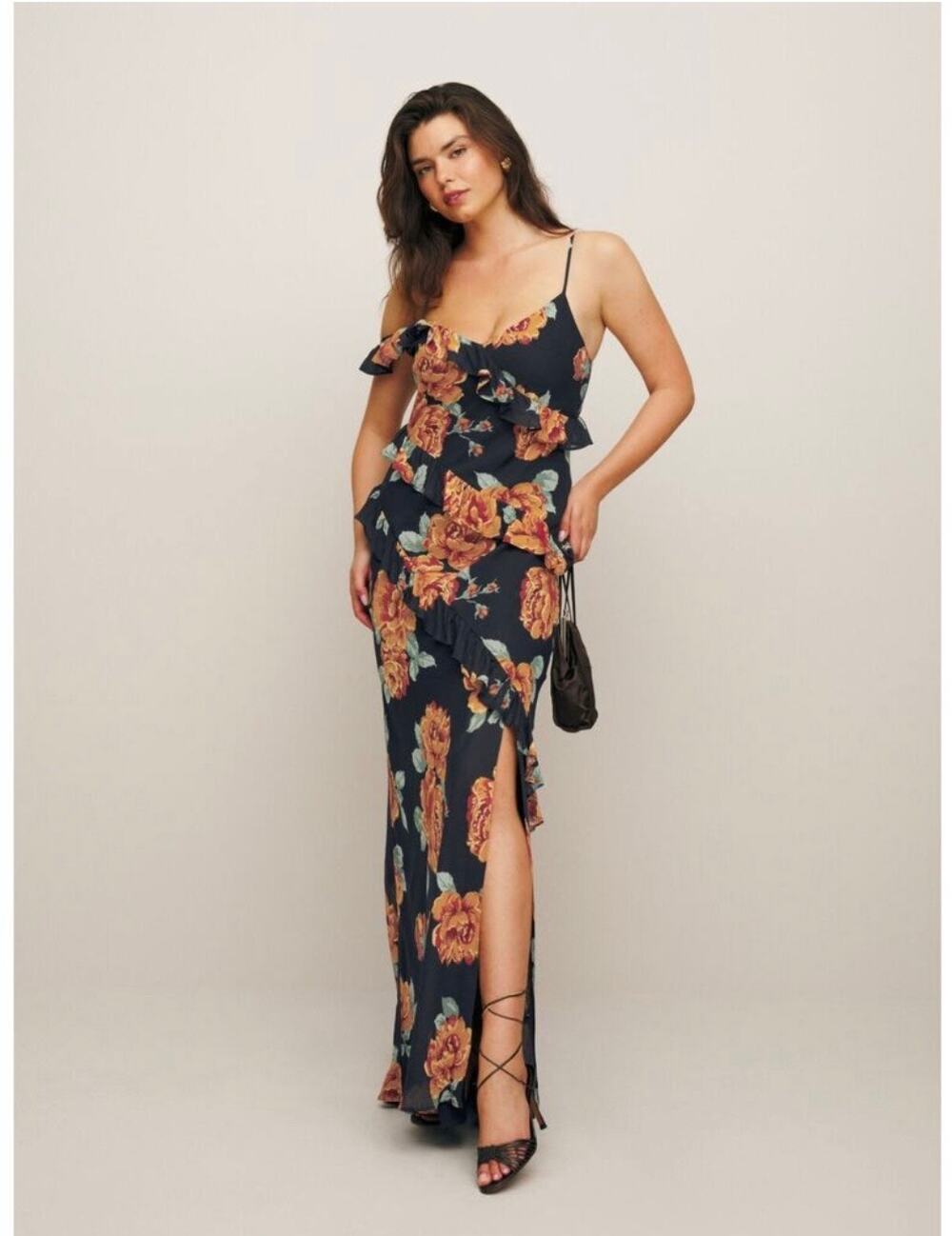 Reformation Elysia floral print ruffle cascading gown in black orange (new)